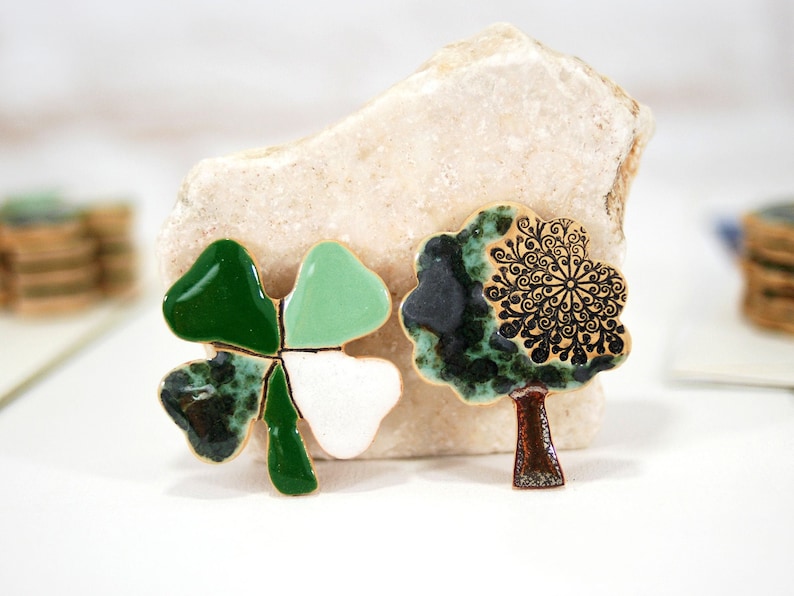 Ceramic fridge magnet // four leaf clover and tree magnet good luck magnet good luck gift refrigerator magnet kitchen magnet image 1