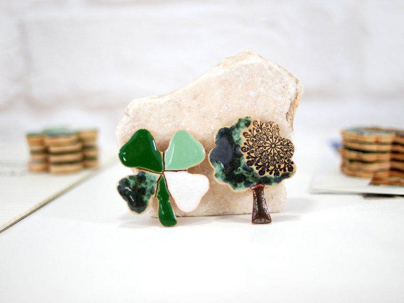 Ceramic fridge magnet // four leaf clover and tree magnet good luck magnet good luck gift refrigerator magnet kitchen magnet image 8