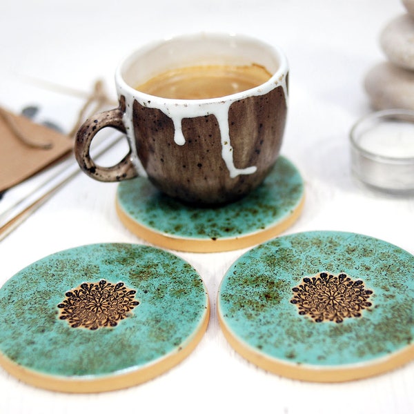 Set of 3 ceramic coasters, round turquoise coasters, tile coaster, ceramic trivet, hot pad, art tile, drink coaster kitchen decor home decor