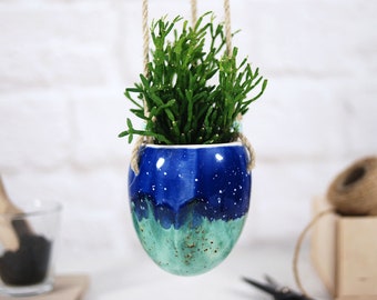 Beautiful turquoise hanging planter | handmade ceramic indoor planter | modern planter | succulent planter | cactus planter | boho decor