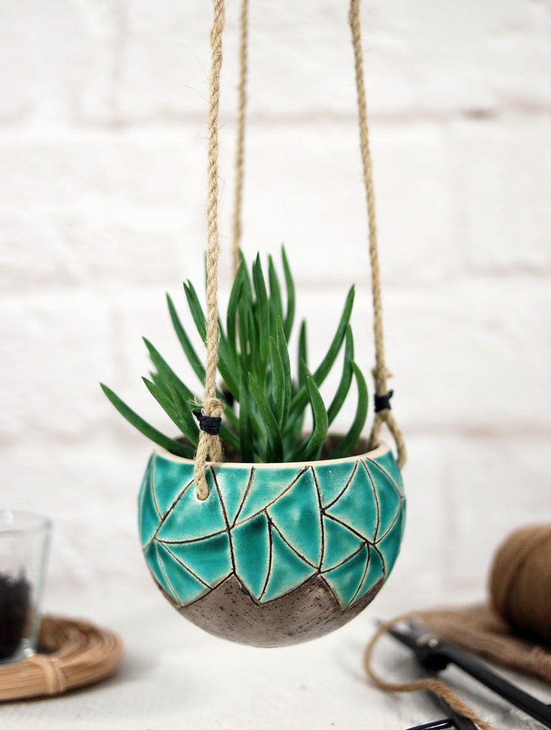 Small turquoise ceramic hanging planter wall hanging planter indoor planter pot succulent planter cactus planter boho wall decor image 2