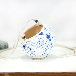 Small white ceramic hanging planter with speckled blue dots wall hanging planter pot succulent planter modern home decor plant gift image 7