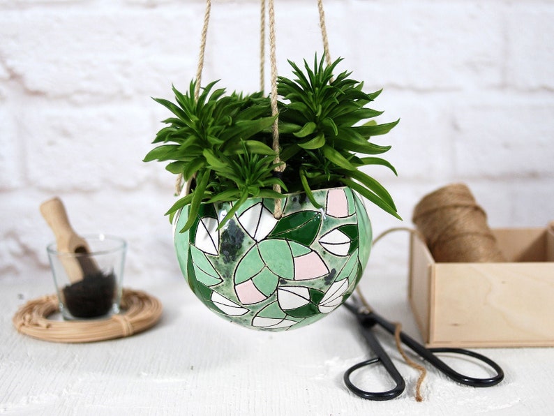 Beautiful ceramic hanging planter with handpainted flower patterns indoor planter boho home decor plant hanger planter gift image 1