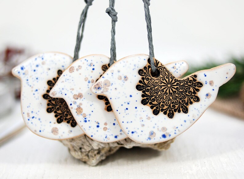 3 speckled white bird ornament handmade ceramic birds bird wall decor wall hanging birds garden patio decor spring hanging decor image 5