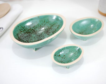 Set of 3 turquoise ceramic egg shape bowls | handmade pottery bowls for serving eggs, sauces or spices | rustic kitchen decor | kitchen gift