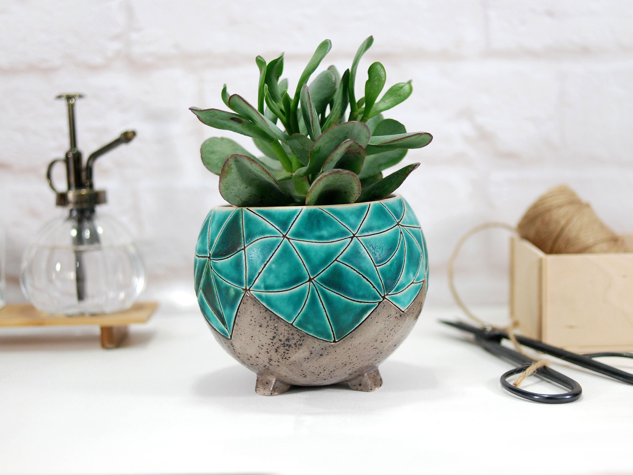 Pot de Jardinière Peint à La Main Turquoise // en Céramique Pour Plantes Succulentes, Cactus, Aérien