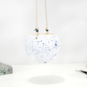 Small white ceramic hanging planter with speckled blue dots wall hanging planter pot succulent planter modern home decor plant gift image 6