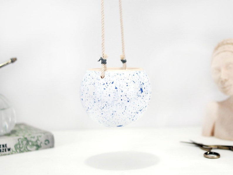 Small white ceramic hanging planter with speckled blue dots wall hanging planter pot succulent planter modern home decor plant gift image 6