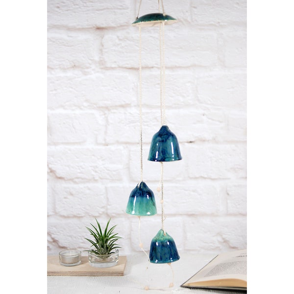 Handmade Turquoise Ceramic Wind Chime Bells: Boho Garden Decor