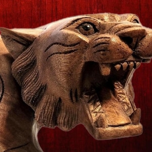 22&quot; W x 9.5&quot; H Large Hand Carved Heavy Wooden Male Tiger Roaring Walking Statue / Solid Wood Carving Figure Sculpture / Indonesian Vintage