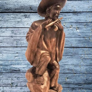 12 inch Artisan Hand Carved Wooden Musician Man Hat Flute Statue / Solid Wood Carving Figure Sculpture / Black Forest Dutch Ecuador Vintage