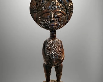 19,5 'Akuaba Puppe Schwangere Ashanti Fruchtbarkeit Statue Ghana Geschnitztes Holz / Geprägtes Messing & Kupfer Metallauflage