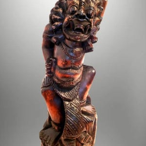 10.5" Hand Carved Wooden Rakshasa Sculpture – Vintage Balinese Sun Wukong Monkey King Wood Carving, Hindu Buddhist Folk Art