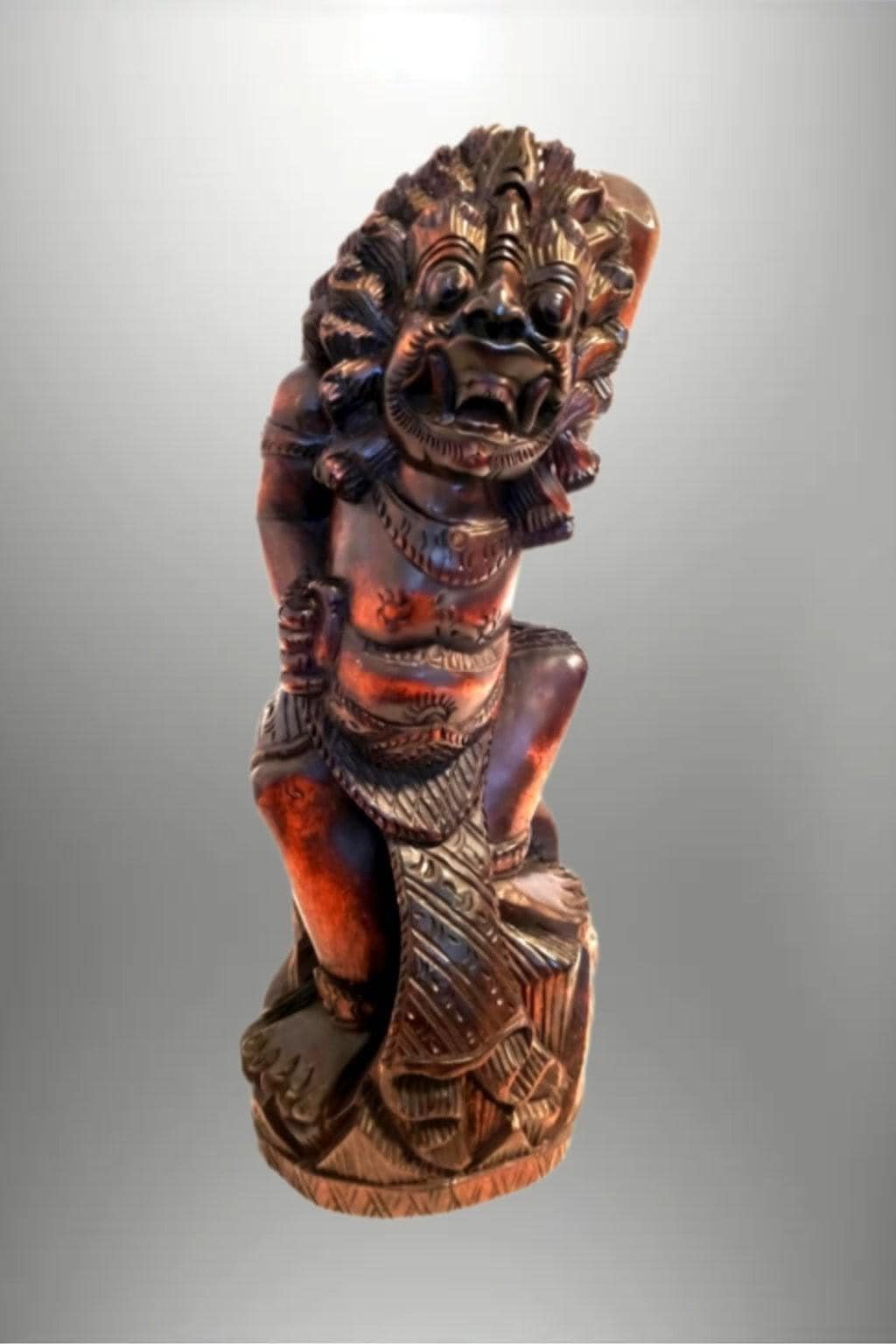 像の彫刻(木製) 10.5インチの手彫り木製羅刹像 - ヴィンテージバリ風孫悟空猿王木彫り