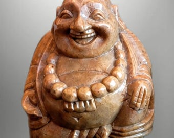 3 "Hand geschnitzte Speckstein lachende Buddha Figur, kleine Stein Buddha Statue, Vintage Zen Dekor