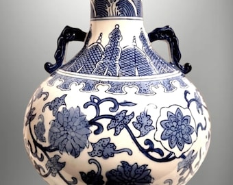 11x9" Vintage Chinoiserie Vase | Hand-Painted Blue and White Porcelain | Cobalt Floral Oriental Decor | Classic Asian Style Jar