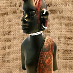 6.5 inch Hand Carved Wooden Maasai Masai Woman Beaded Bust Statuette/ Wood Carving Figure Figurine Sculpture / African Africa