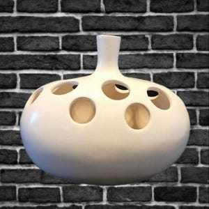 10 W x 8 H inch MCM Mid-Century Modern / Off White Cream Ivory Matte Finish / Unique Flower Centerpiece Vase Holes Oval / Ceramic Pottery