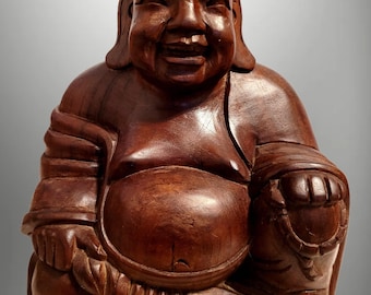 8.5" Hand-Carved Wooden Laughing Buddha Statue, Solid Wood Seated Sculpture, Vintage Asian Decor, Zen Accent