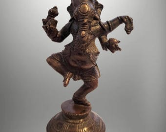 4.25" Vintage Brass Dancing Ganesh Statue | Hindu Deity Altar Sculpture, Patina Finish
