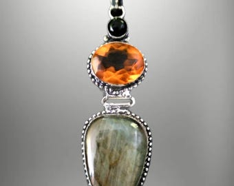 3" Labradorite Citrine Onyx Pendant: Vintage Silver Plated Gemstone Jewelry