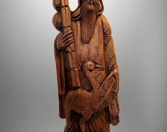 20" Hand Carved Indonesian Shou Lao Statue, Rustic Wood Sage & Crane, Taoist Immortal Figure