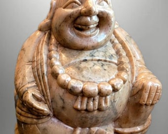 Figura de Buda sonriente tallada a mano en esteatita de 10 cm (4 pulgadas), pequeña estatua de Buda de piedra, decoración zen vintage.