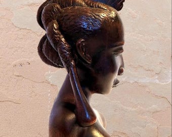 13 inch Exquisitely Hand Carved Heavy Wooden Beautiful Woman Sculpture / Wood Carving Bust Statue / African Indigenous Tribal Africa RARE