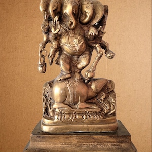 11.8 inch Tall RARE Panchumukhi Lord Ganesha Ganesh Dancing on Rat Large Brass Statue / Five Heads Hindu Diety God / Indian Vintage India