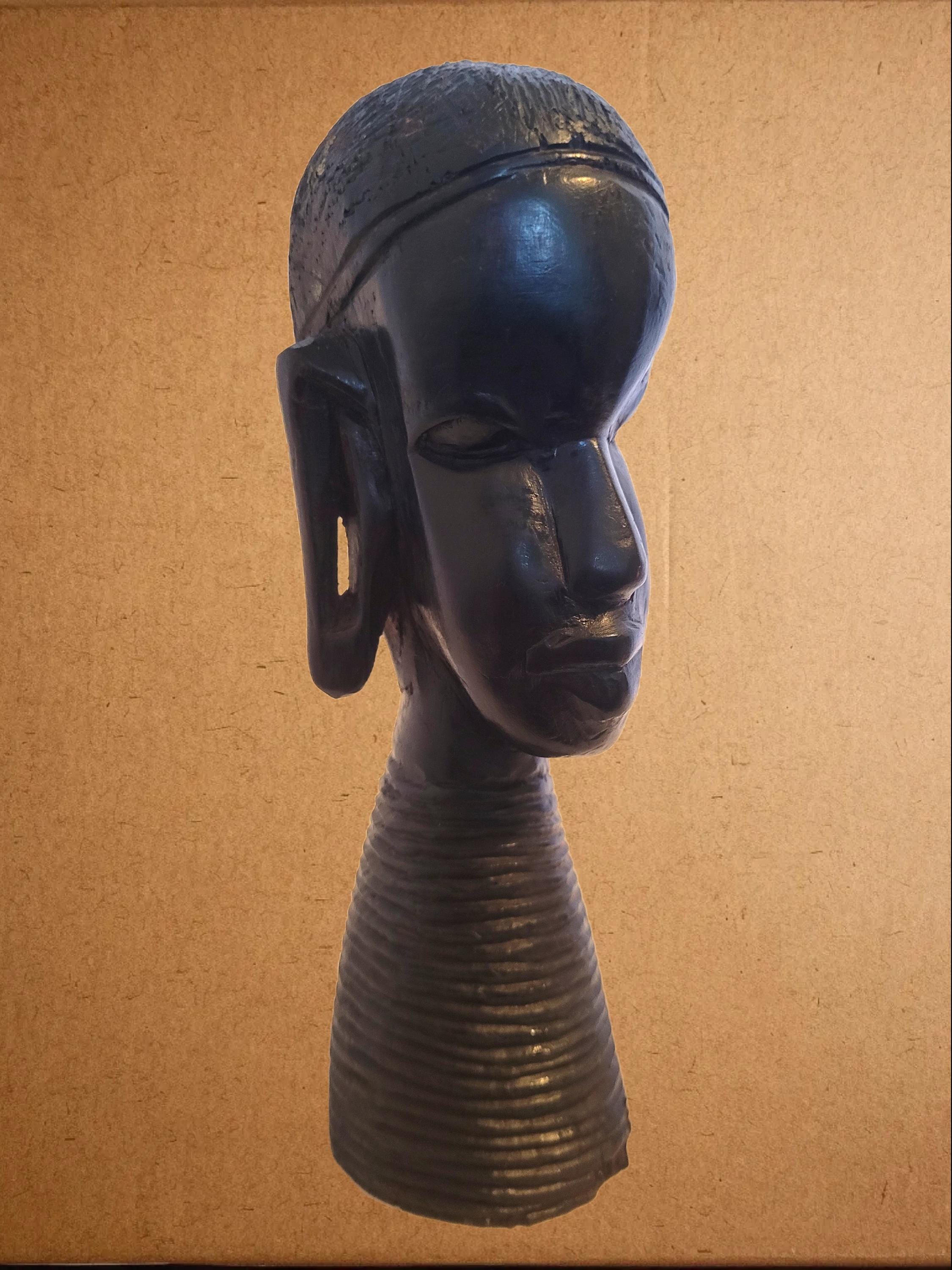 8 inch Beautiful Hand Carved Ebony Wooden African Woman Bust Long Earlobes Statue / Heavy Wood Sculpture / Vintage Tribal Art Africa