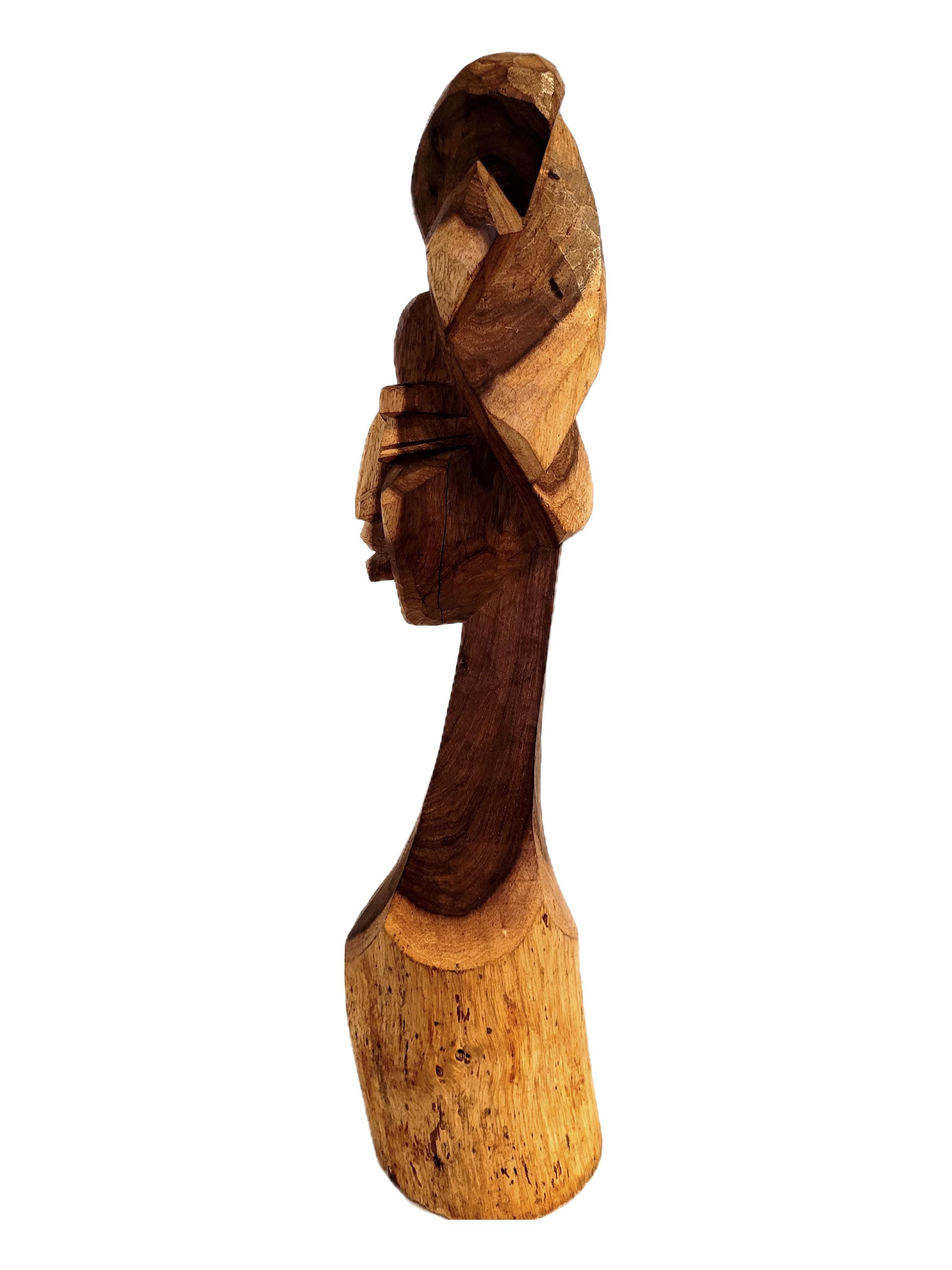 19インチの手彫り木製女性胸像彫刻：ツートンヴィンテージティキ