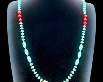 30" Turquoise & Red Stone Beaded Necklace – Southwestern Native-Inspired Statement Jewelry