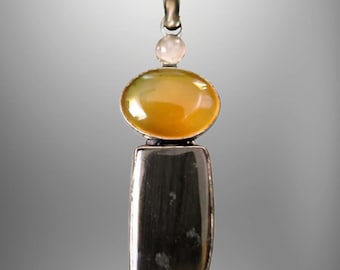 2.75" Handmade Asymmetrical Stone Pendant: Opal, Rose Quartz, Agate, 925 Silver Plated