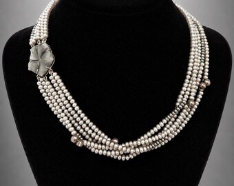 925 Sterling Silber Multi-Strand Süßwasser-Perlen-Halskette, handgeschnitzte Perlmutt-Blumen-Verschluss, Vintage