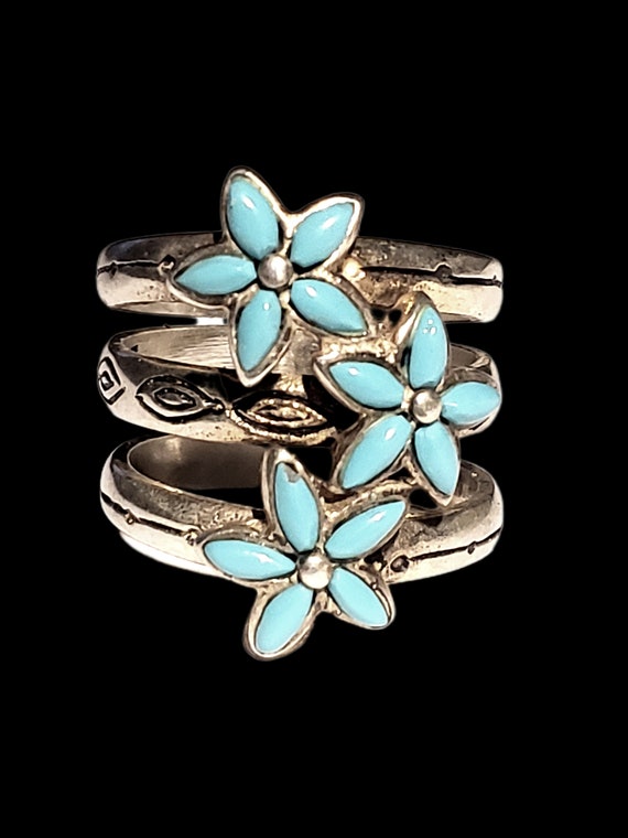 Turquoise 925 Sterling Silver Triple Flower Ring -