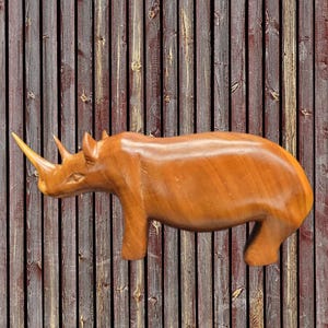 3.5 X 8.5 Inch Hand Carved Wooden Rhinoceros Figure / Solid Wood Rhino Sculpture Statue Figurine/ Vintage Africa