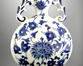 13x9" Vintage Chinoiserie Vase | Hand-Painted Cobalt Blue and White Porcelain | Double Handle Oriental Decor | Classic Asian Style