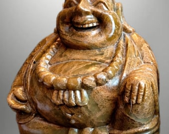 6" Hand Carved Soapstone Laughing Buddha Figurine, Small Stone Buddha Statue, Vintage Zen Decor
