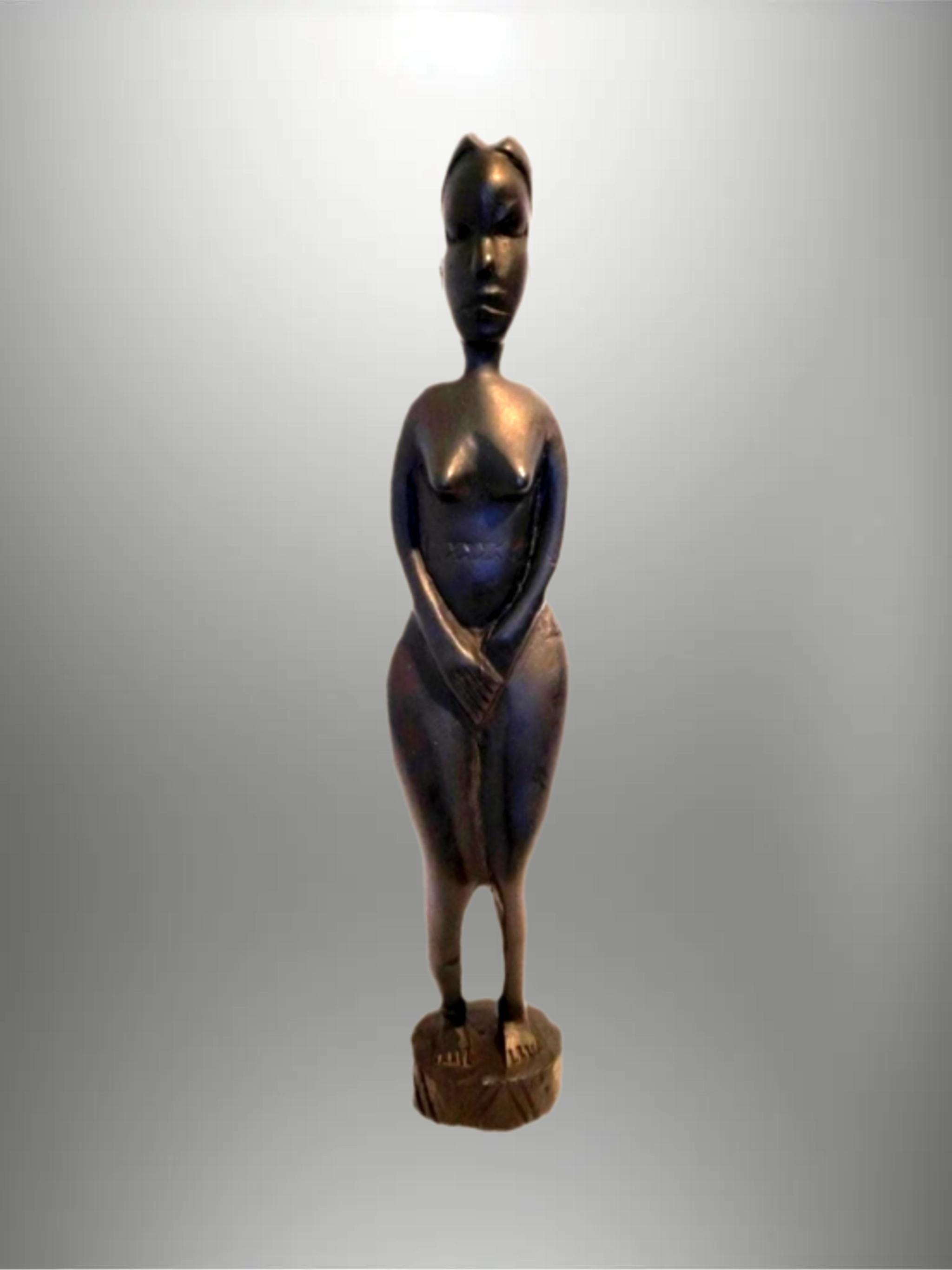 13.5インチの手彫り木彫り彫刻：ヴィンテージアフリカの豊穣の像