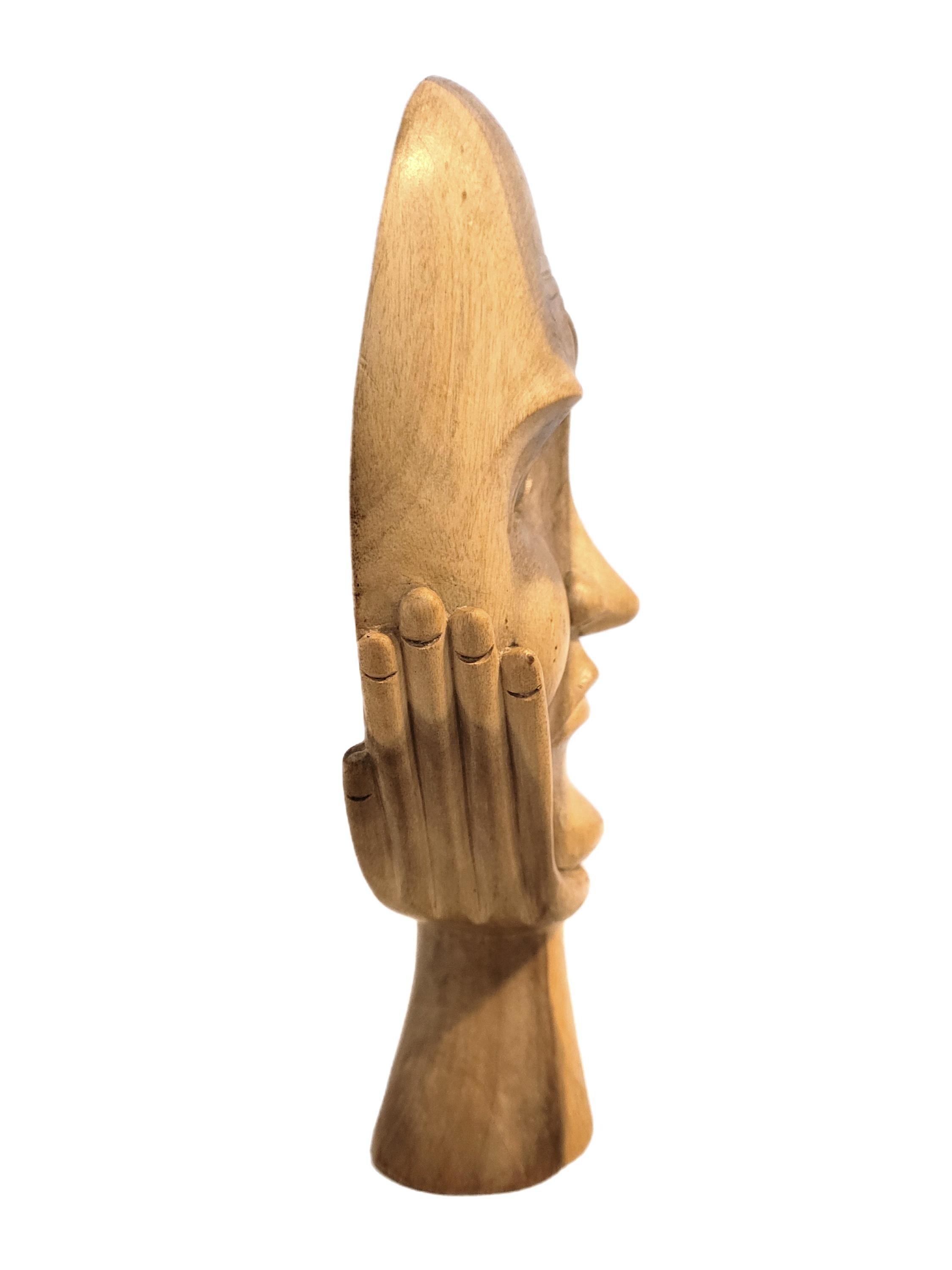 10 Inch Hand Carved Wooden Mask Contemplating Thinking