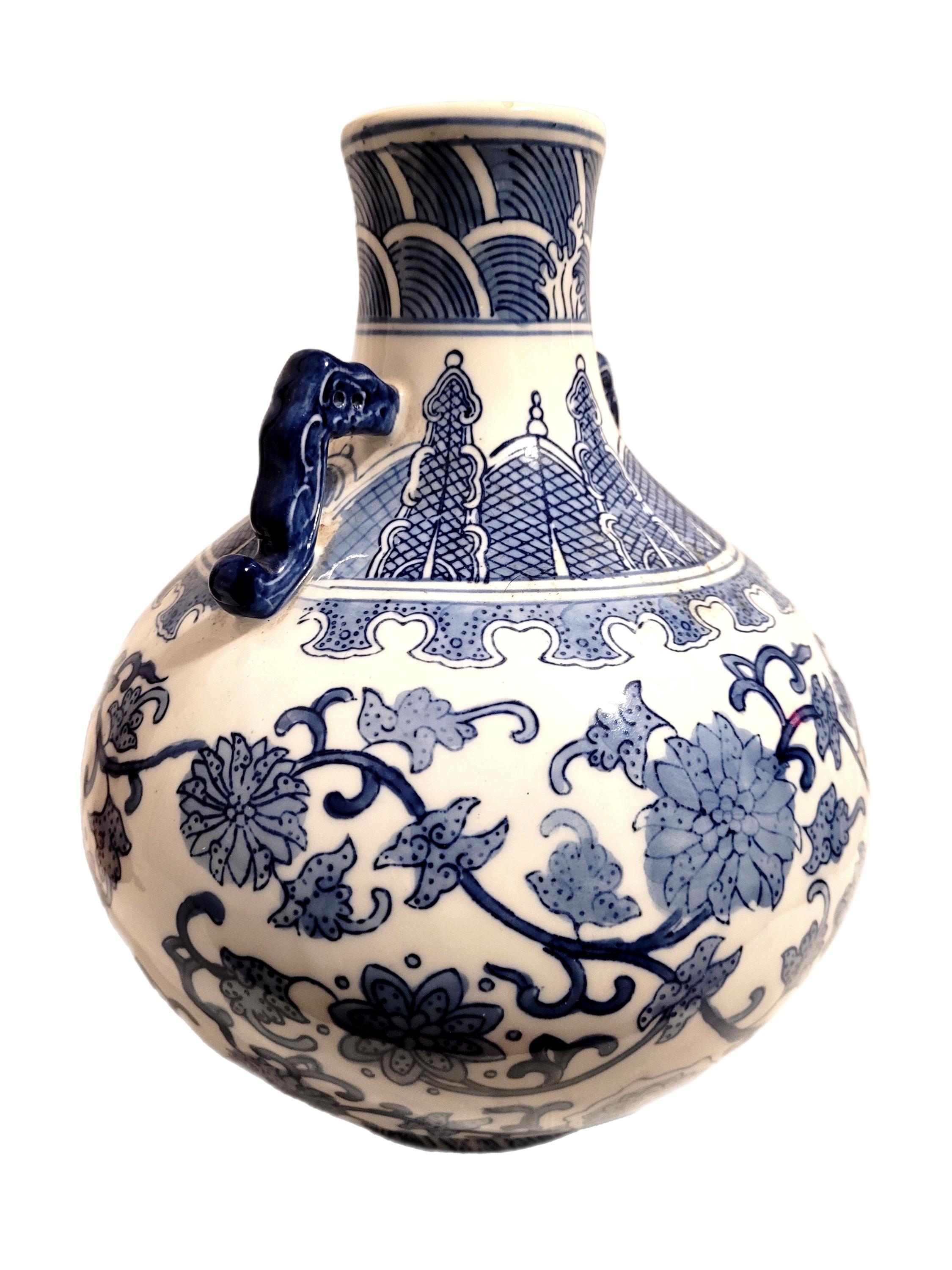 11x9インチ ヴィンテージ シノワズリ花瓶：手描きコバルトブルー磁器