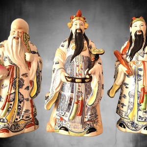 18 inch RARE Signed Tall XL Large Fu Lu Shou Xing Sanxing Hand Painted Chinoiserie & Golden Porcelain Statue / Chinese Deities / Set of 3