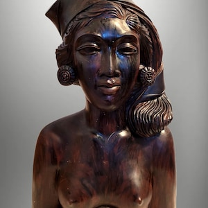 12.5 inch Hand Carved Stained Wooden Bust Woman / Solid Wood Carving Statue Figure Sculpture / MCM Vintage Antique / Bali Balinese Indonesia