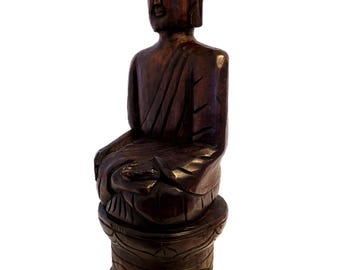 16.5インチの台座付き手彫り木製仏像 - ヴィンテージアジアン禅
