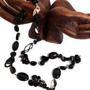 32.5 inch Long Black Glass Beaded Station Contemporary Opera Length Necklace Faceted Unique Varied Beads / Coldwater Creek Rare Vintage