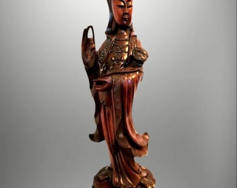 60cm Hand geschnitzte hölzerne Guan Yin Statue - Gelassene asiatische Göttinnenskulptur, Vintage Wohndekor