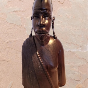 10 inch Hand Carved Wooden Likely Ironwood Maasai Man Bust Sculpture / Wood Carving Statue Tribal Fine Art / African Vintage Kenya Africa