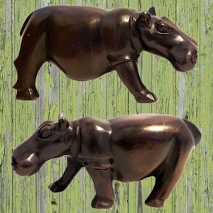 3 x 6-Zoll-handgeschnitzte hölzerne Nilpferdfiguren / Holzschnitzerei Nilpferd Tierfigur Statue Skulptur Statuette / Vintage-Paar 2er-Set