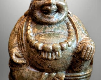 5" Hand Carved Soapstone Laughing Buddha Figurine, Small Stone Buddha Statue, Vintage Zen Decor