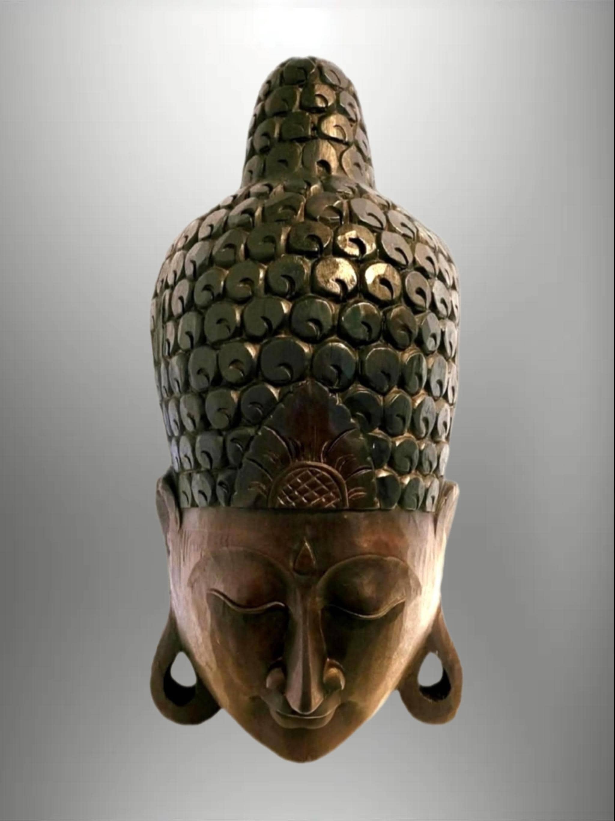 23.5インチの手彫り木製仏像の顔、ヴィンテージ禅壁アートマスク